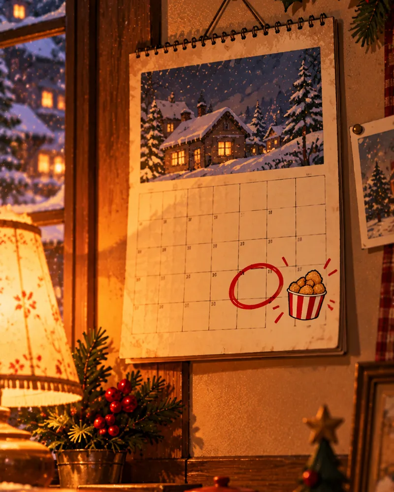 Illustration of a wall calendar with December 24 circled next to a chicken bucket order