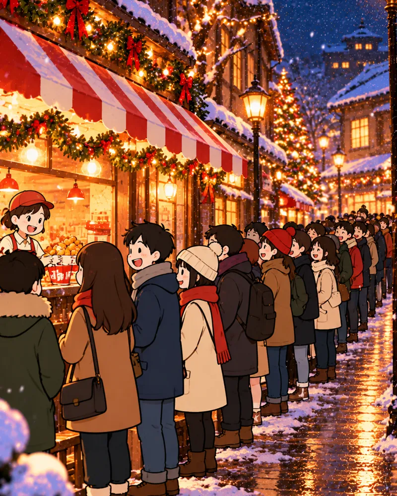 Illustration of a long queue of people outside a chicken shop on a snowy Christmas Eve