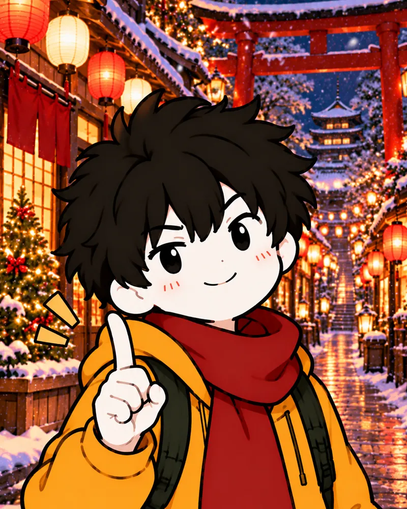 Cartoon HOP in a red scarf on a snowy Japanese street with lanterns and a red torii gate