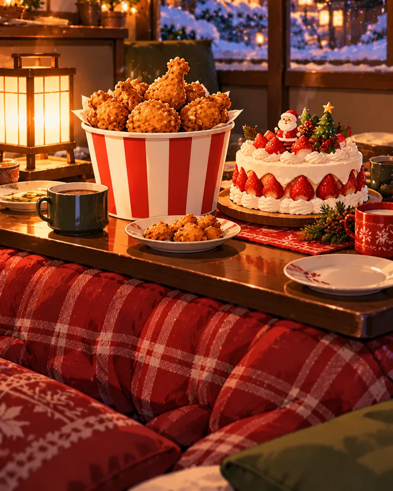 Illustration of a low table with a fried chicken bucket and a strawberry Christmas cake