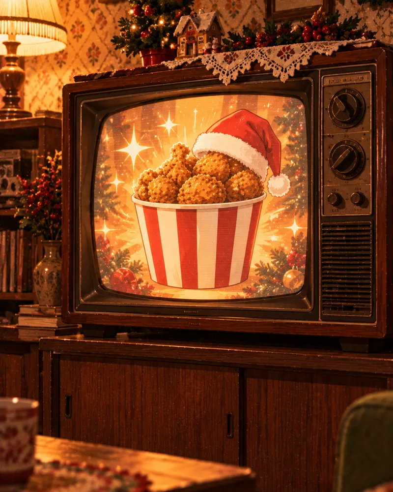 Illustration of a retro 1970s TV showing a fried chicken bucket wearing a Santa hat